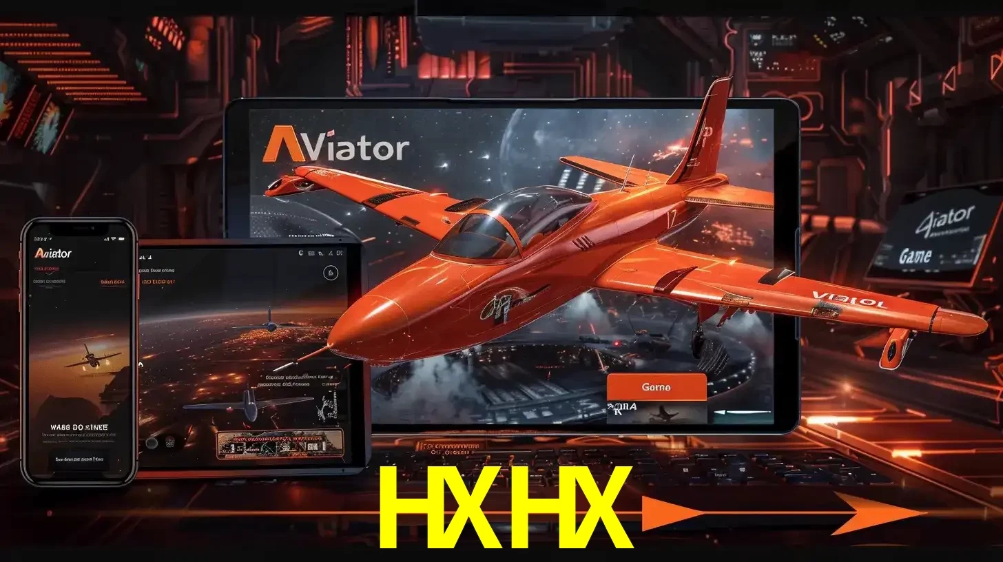 Apresentação tecnológica do jogo Aviator com um avião saindo da tela de um tablet, demonstrando a experiência imersiva em múltiplos dispositivos no HXHX.