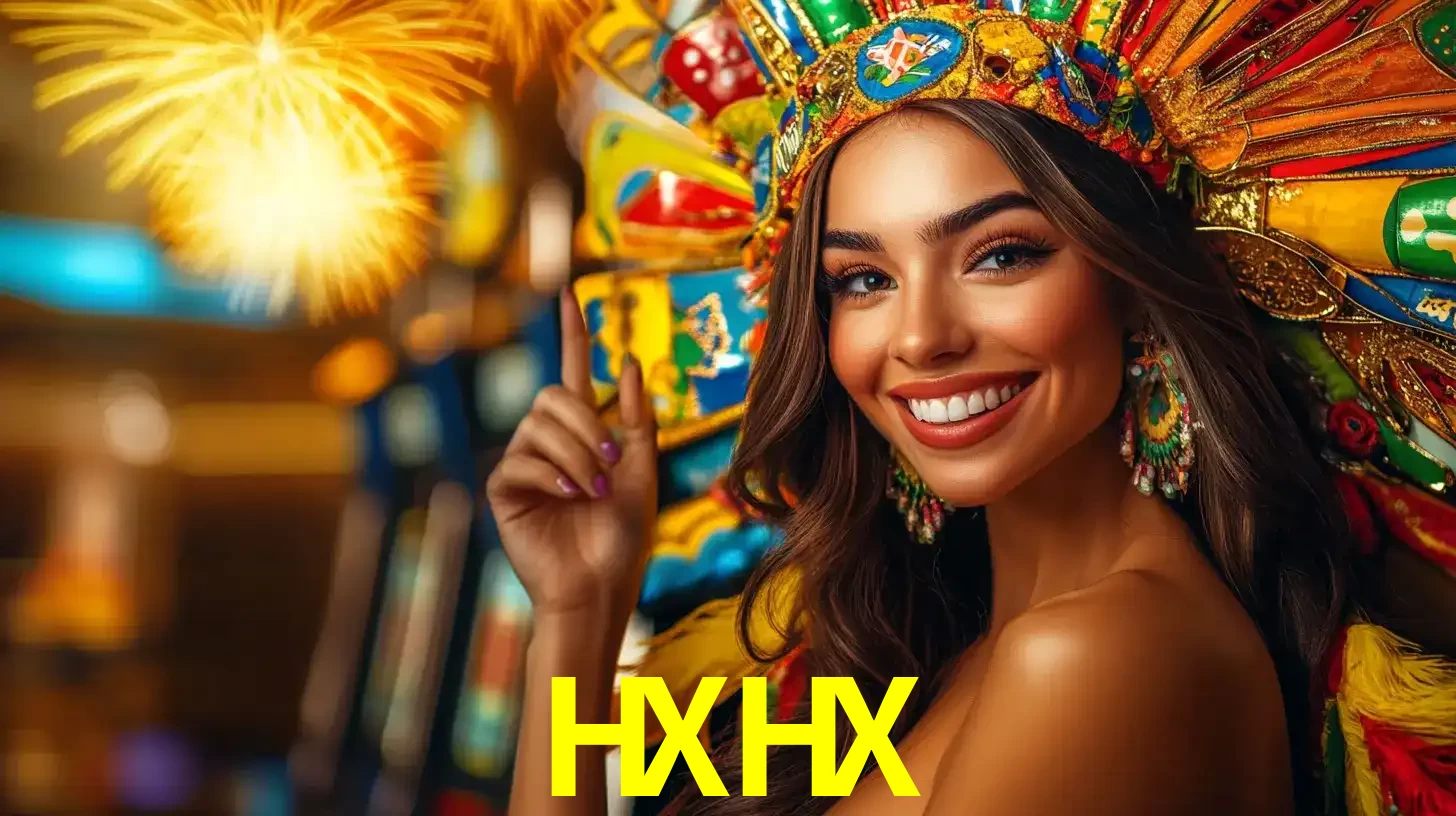 Mulher sorridente com um cocar de carnaval vibrante e colorido, celebrando uma grande vitória nos jogos do cassino HXHX com fogos de artifício ao fundo.