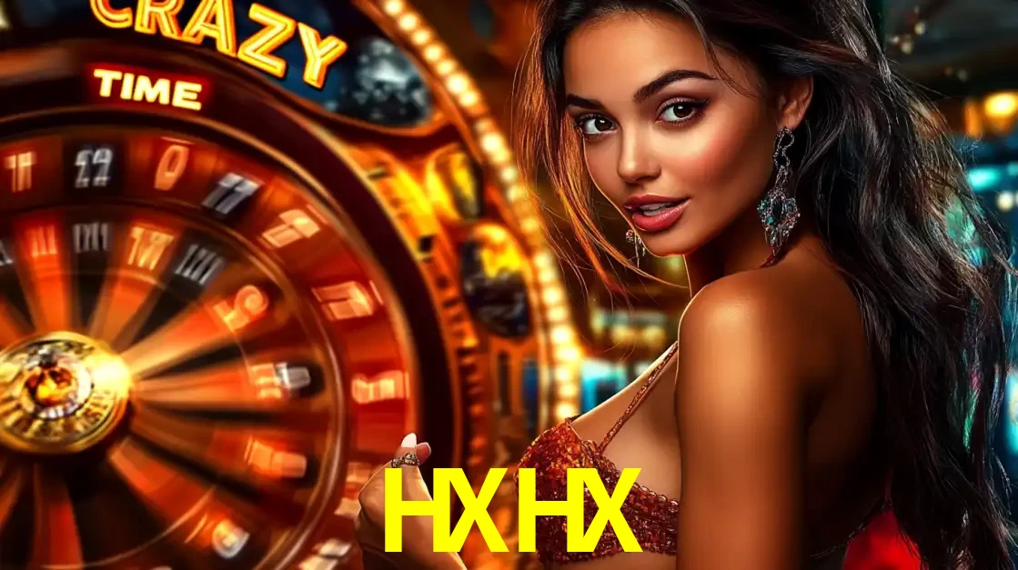 Mulher ao lado da roda de prêmios do jogo de cassino ao vivo Crazy Time, um dos shows de jogos mais emocionantes oferecidos pela plataforma de apostas HXHX.