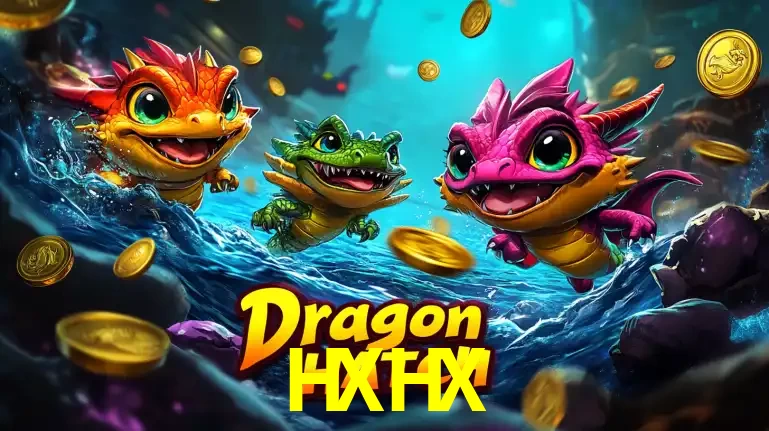 Arte promocional do jogo Dragon Hatch com três adoráveis dragões bebês nadando entre moedas de ouro, um dos slots mais divertidos para jogar no cassino HXHX.