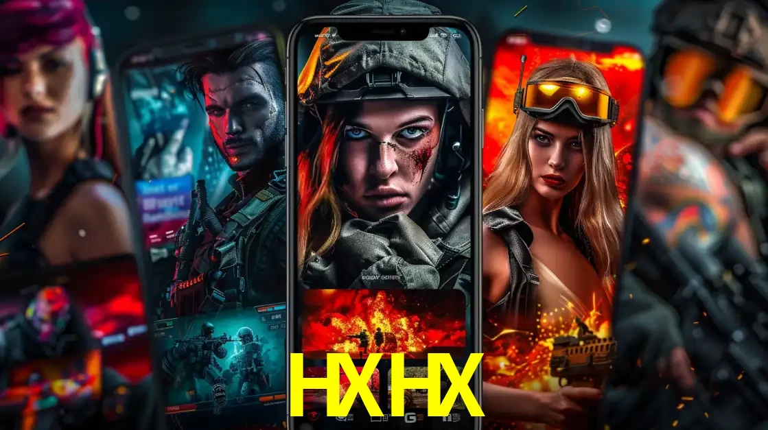 Montagem de telas de celular mostrando diversos personagens, masculinos e femininos, de um jogo de tiro, ilustrando a diversidade de equipes de e-sports para apostar no HXHX.
