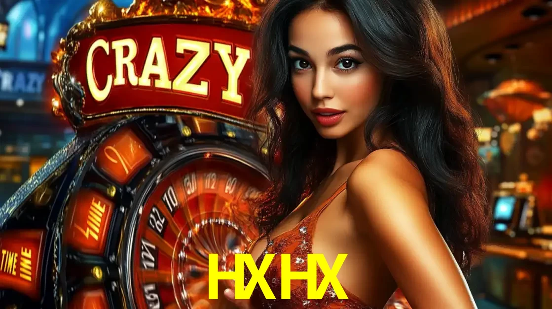 Mulher glamourosa olhando para a câmera com a roda vermelha do Crazy Time ao fundo em um ambiente de cassino, destacando a emoção dos jogos ao vivo no HXHX.
