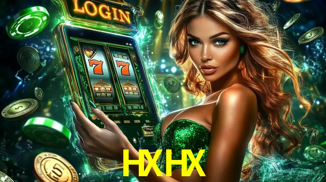 Mulher com tema verde apresentando o aplicativo do cassino HXHX com um jogo de slot de 777, cercada por fichas de cassino e uma aura de sorte.