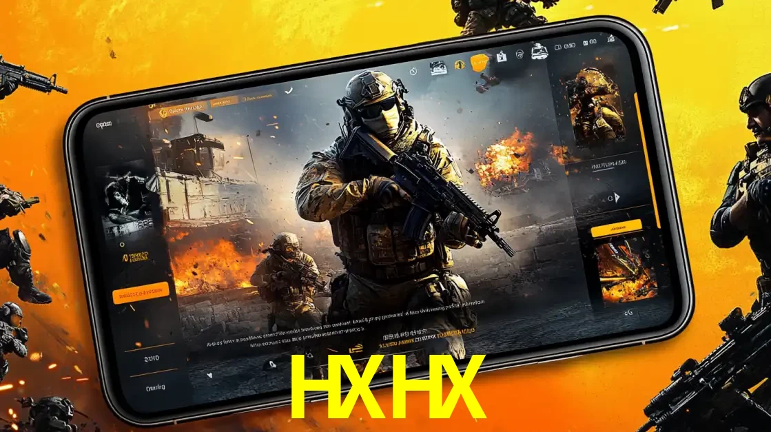 Um smartphone exibindo a interface de um jogo de tiro em primeira pessoa, com um soldado em um cenário de batalha, representando a ação dos e-sports para apostar no HXHX.