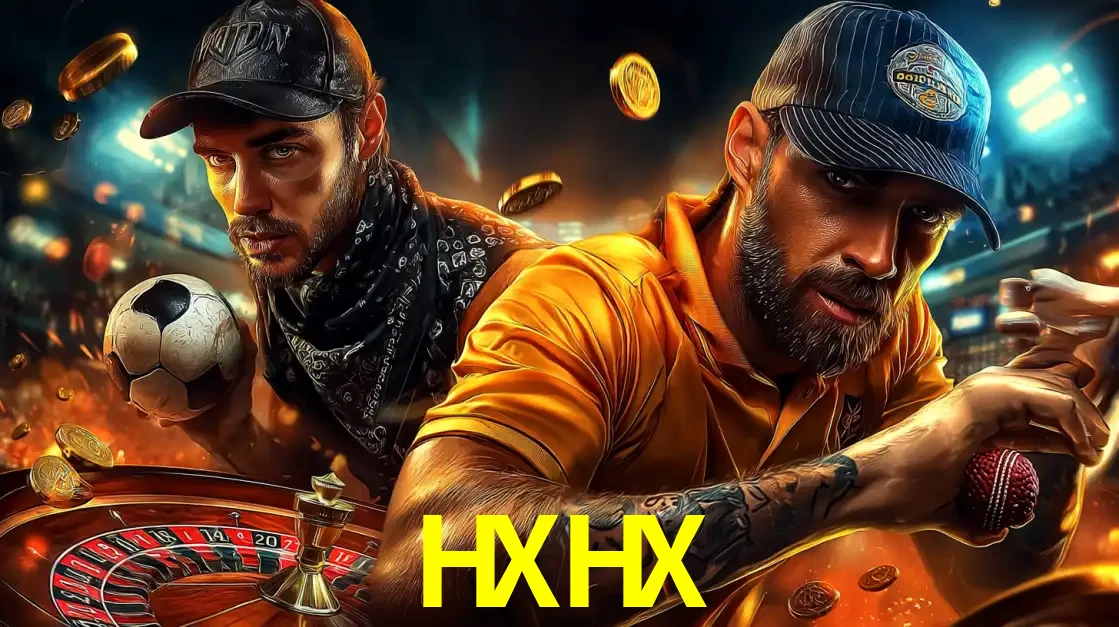Montagem de apostas esportivas e cassino no HXHX, com um homem segurando uma bola de futebol e outro uma de beisebol sobre uma roleta e moedas voadoras.