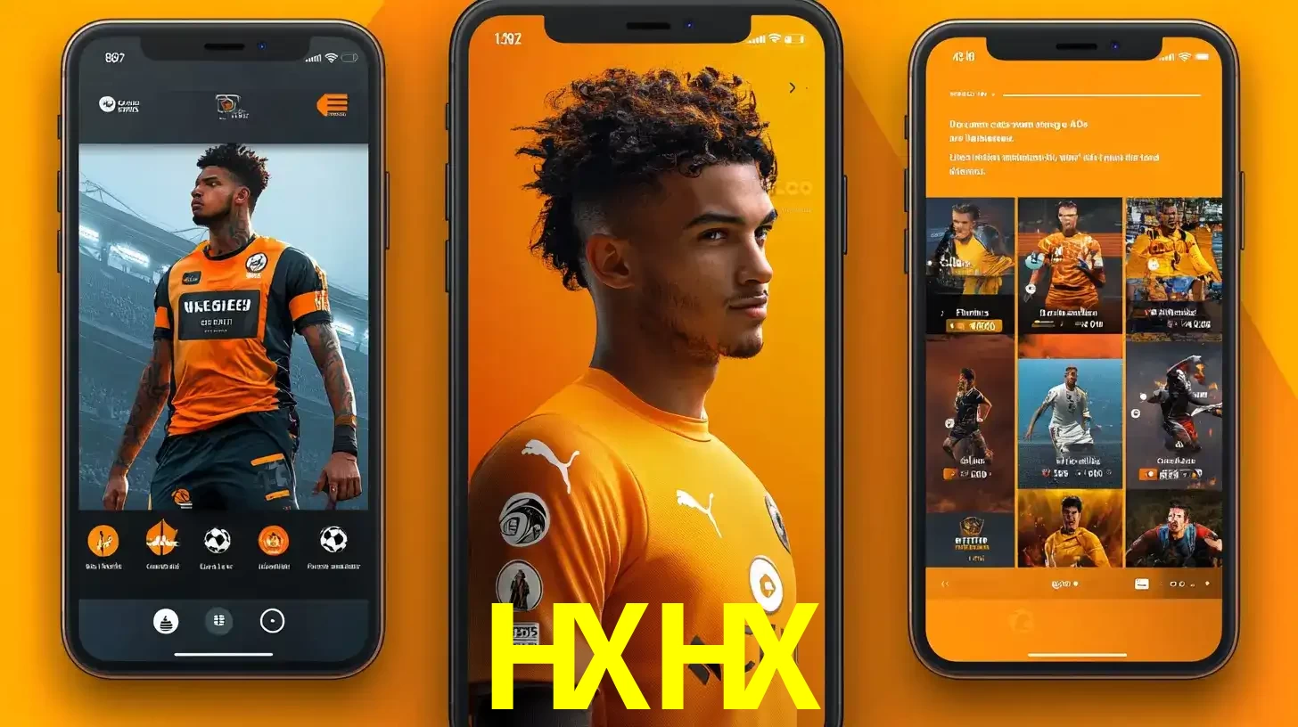 Interface do aplicativo de apostas esportivas HXHX em três telas de celular, mostrando o perfil de um jogador de futebol e a lista de jogos disponíveis para apostar.