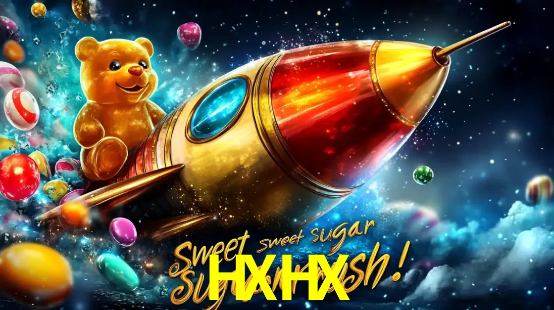 Arte promocional do jogo de slot Sugar Rush, com um urso de pelúcia em um foguete viajando pelo espaço de doces, um dos jogos divertidos disponíveis no cassino HXHX.