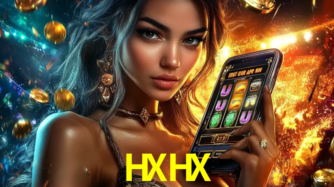 Mulher elegante mostrando um jogo de caça-níqueis em seu smartphone, destacando a experiência de cassino móvel oferecida pelo aplicativo HXHX.