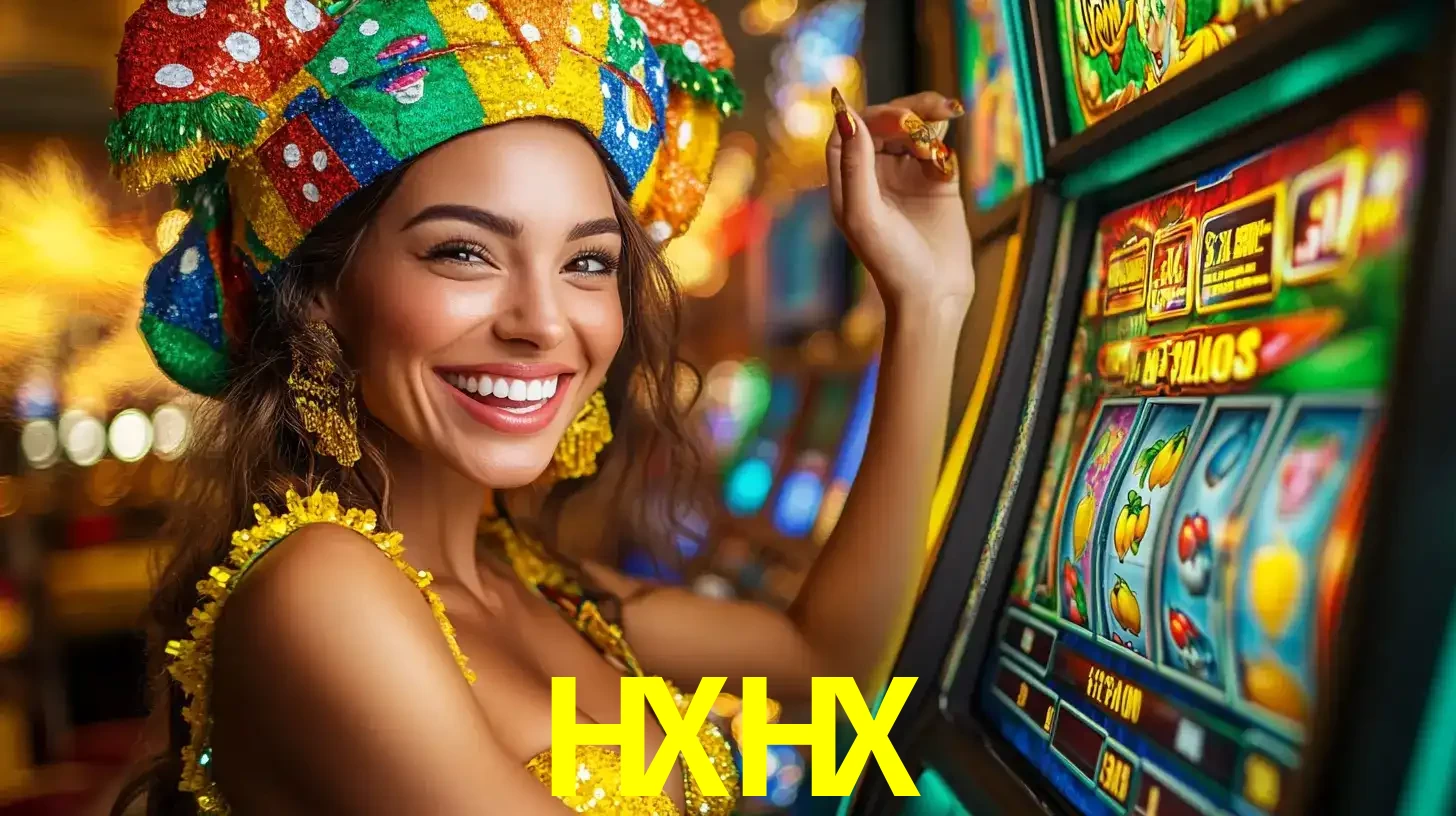 Mulher feliz com traje de carnaval amarelo e colorido ao lado de uma máquina de caça-níqueis, aproveitando a diversão e os jogos temáticos do cassino HXHX.