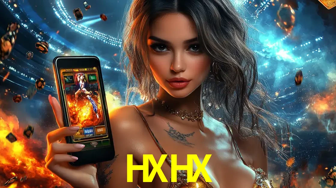 Mulher segurando um celular com um jogo de slot em destaque, tendo como fundo um estádio vibrante, simbolizando a emoção de jogar no cassino móvel HXHX.
