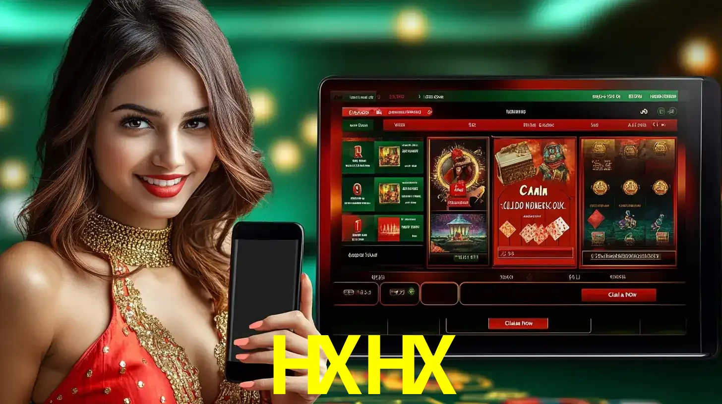 Mulher sorridente segurando um smartphone, ao lado de uma tela exibindo o lobby de jogos do cassino online HXHX, com várias opções de jogos de cartas e slots.